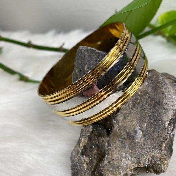 Gold & Silver Tone Thick Wide Bangle Bracelet - Picture 1 of 6